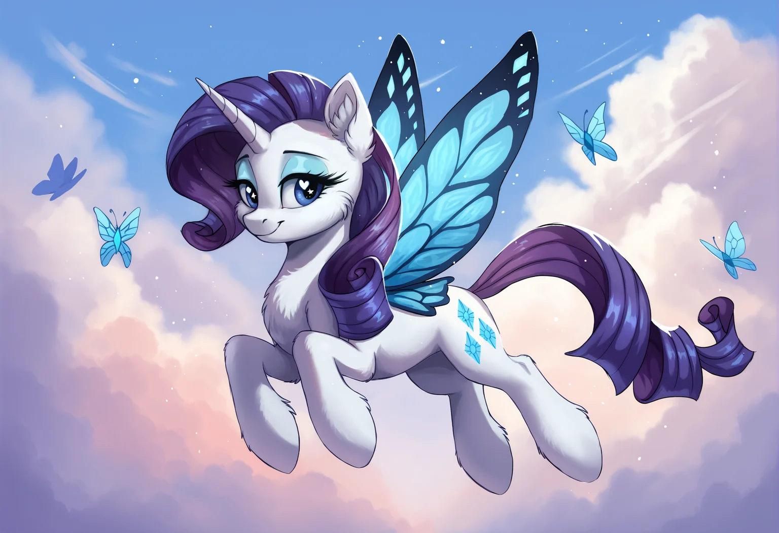 score_9, score_8_up, score_7_up, score_6_up, score_5_up, score_4_up, rating_safe, rarity, female, mare, pony, solo, unicorn, butterfly wings, cloud, cute, eyeshadow, floating, glimmer wings, makeup, sonic rainboom \(episode\), starry eyes, wingding eyes, wings, ear fluff, tail between legs, raribetes, smiling, cheek fluff, absurd resolution, leg fluff, g4, detailed, beautiful, <lora:Wholesome-MLP-v1.4b:1>
