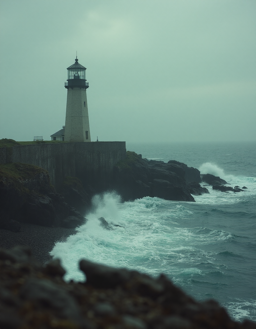A movie still of a solitary old-fashioned lighthouse standing on a rocky coastline. Waves that are crashing against the shore. The photo is stylized and cinematic., VCTRN, analogstyle,  faded photograph <lora:e377b7657231499e9165dad83cdeb312_pytorch_lora_weights:0.8>  <lora:amateurphoto-6version:0.6> <lora:35mm_joycap:0.5>