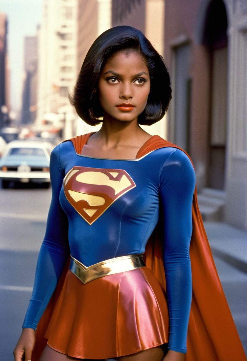 1980s Supergirl film costume, youthful raven-haired African-American Supergirl, facing forward, shiny voluminous smooth straight side-parting short bob haircut, Supergirl film 1980s, ultra-realistic photo, Hyperdetailed photography, sharp focus