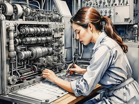 female technician repairing a complicated machine, open panels, parts laying around, pen illustration with watercolor wash, BadNegAnatomyV1,BeyondV3