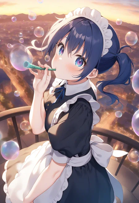 1girl,sincos, ningen mame, toosaka asagi,solo,medium breasts,20yo,maid,maid headdress,
blowing bubbles, bubble, bubble blowing, bubble pipe, outdoors, day, sky,<lora:blowingbubbles_XL_v1:0.7>
from side, fisheye lens, looking up, blue hair, purple eyes,doyagao, casino, twin drills hair,
best quality, very aesthetic, absurdres