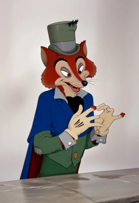 score_9, score_8_up, score_7_up, score_6_up, score_5_up, score_4_up, masterpiece, photorealistic, realistic, bedroom background, detailed fur, detailed face, Honest John, Honest John Foulfellow, Disney, furry male, male fox, anthropomorphic fox, cartoon fox, animal focus, disney, fox ears, fox tail, tan feet, claws, beige markings, beige face, detailed eyelids, brown eyelids, black eyebrows, tan inner-ears, furry cheeks, whiskers, brown eyes, black nose, green top hat, green shirt, grey cuffs, grey collar, black ascot, blue cloak, cloak red liner, gold buttons, beige gloves, torn gloves, three fingers, three toes, solo, 1boi, headshot