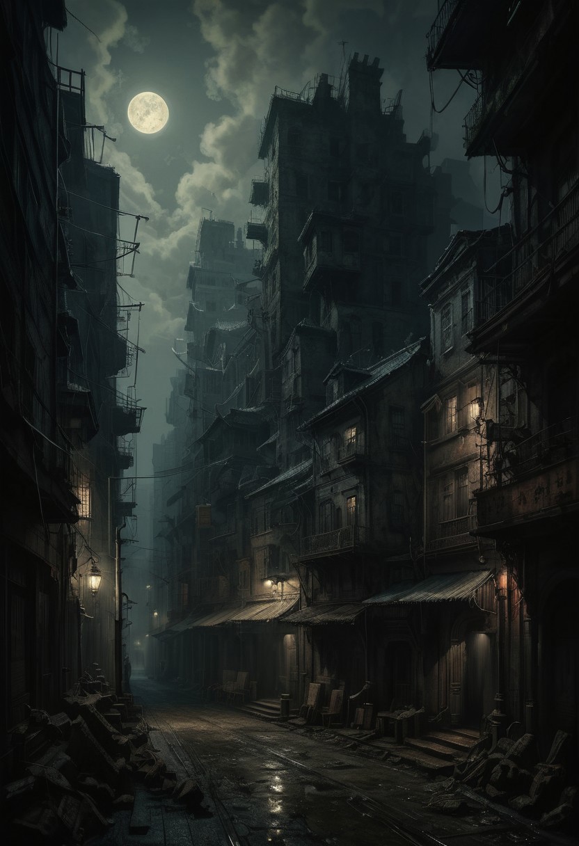 ((Cursed city. Forgotten, gloomy)), terrible shadows in that city. In the style of Ralph Blakelock, Ed Emshwiller, Marianne Wroten, Arthur Rackham. Very beautiful, gouache, cinematic, dark, creepy, mysterious, modern vintage, rich deep colors, boho style. The fog is thick fog. Yoshitaka Amano, Ohara Koson, Gian Lorenzo Bernini, Jean- Baptiste Monge, Tetsuya Nomura, ultra-stunning lighting. The old damned city, a lithographic detailed painting of the city, its street walls sooty from the contact of countless bodies, battered metal tables and chairs standing so close to each other, all surfaces are greasy, dirt in every crack; concept art, super detail, amazing composition. hyperrealistic photography, --niji 5 --ar 2:3 --expressive style --v 5.