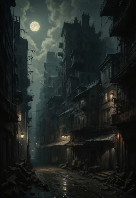 ((Cursed city. Forgotten, gloomy)), terrible shadows in that city. In the style of Ralph Blakelock, Ed Emshwiller, Marianne Wroten, Arthur Rackham. Very beautiful, gouache, cinematic, dark, creepy, mysterious, modern vintage, rich deep colors, boho style. The fog is thick fog. Yoshitaka Amano, Ohara Koson, Gian Lorenzo Bernini, Jean- Baptiste Monge, Tetsuya Nomura, ultra-stunning lighting. The old damned city, a lithographic detailed painting of the city, its street walls sooty from the contact of countless bodies, battered metal tables and chairs standing so close to each other, all surfaces are greasy, dirt in every crack; concept art, super detail, amazing composition. hyperrealistic photography, --niji 5 --ar 2:3 --expressive style --v 5.