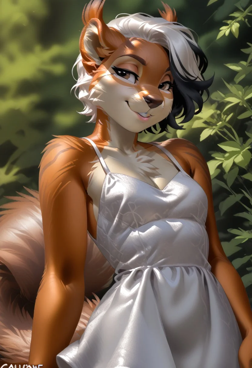 score_9, score_8_up, score_7_up, (by jailbird:1.5), (by kittydee:1.5), (by zummeng:1.5), masterpiece, best quality,
(Furry Art: Anthro: eurasian red squirrel:1.5), expressive eyes, feminine eyes, <lora:beautiful_detailed_eyes:1>, perfect face, feminine face, feminine body,rodent, large ears, two-toned fur, red fur, white fur, (white hair with black highlights:1.5), (short hair), (pixie cut hair), small breasts, (russian casual wear dress:1.5),