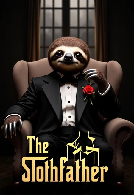 aidmaimageupgrader, a high quality realistic image of a sloth, wearing a tuxedo with a red tose in the lapel, the sloth is sitting in a chair and holding up a sloth paw near his face. there is bold gold text across the bottom saying "The" and then more text under that saying "Slothfather". the sloth is in a pitch black room with a window behind him