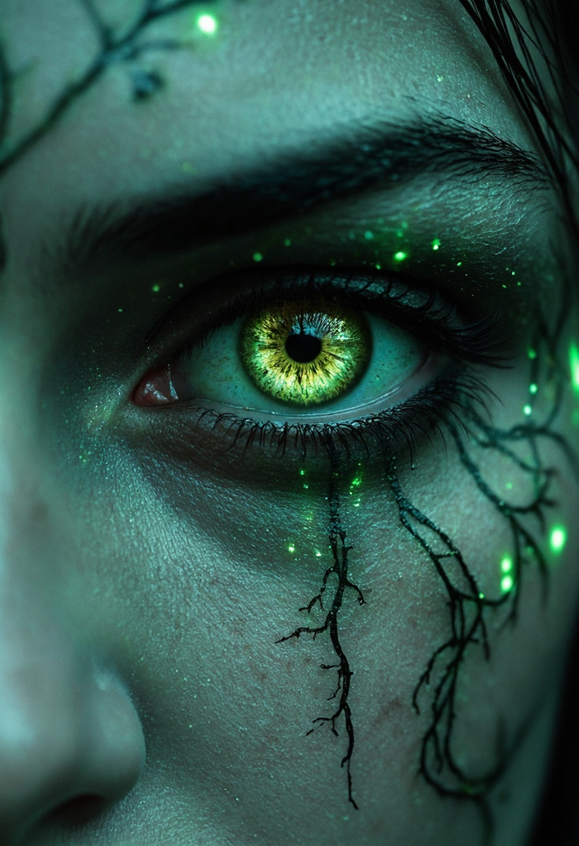 "A haunting, up-close image of the Forest Witch’s eyes, reflecting the moonlit forest and the souls of those who have wandered too far. Her pupils are slit like a serpent’s, glowing with an unnatural green hue. Surrounding her eyes are ancient tattoos made of delicate vines and runes that pulse with faint light. The palette is dominated by eerie greens, silvers, and soft, glowing whites. The art style is ethereal, with delicate line work and glowing accents, almost like a glowing ink wash or bioluminescent watercolor."