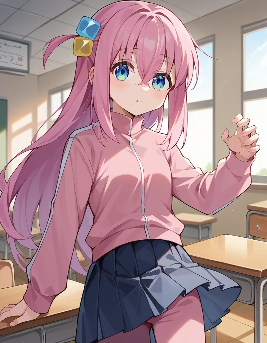 score_9, score_8_up, score_7_up, source_anime, hitorigotou, <lora:hitori-gotou-ponyxl-lora-nochekaiser:1>, hitori gotou, blue eyes, cube hair ornament, hair between eyes, hair ornament, pink hair, one side up, long hair, black skirt, jacket, long sleeves, pants, pants under skirt, pink jacket, pink pants, pleated skirt, skirt, track jacket, track pants, track suit, indoors, classroom, looking at viewer, cowboy shot, dutch angle, dynamic pose,