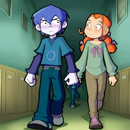 Masterpiece, best quality, ze_el, (1boy, zeke_ma, blue hair, short hair), break, (1girl, elena_ma, orange hair, twintails), walking, looking at another, blush, hallway, lockers