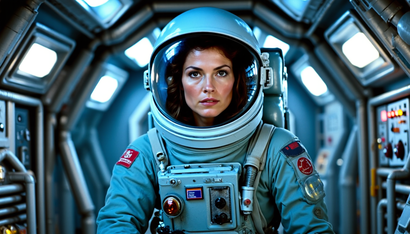 nostromo style,
woman wearing spacesuit, armor, space helmet, helmet exhaust port, in a spaceship hallway, spaceship interior, overhead pipes, pipes along floor, ceiling decoration, control panels, buttons, switches, lights, greebles, science fiction, horror, extremely detailed, sharp focus, sharp

extremely detailed:1.2, sharp:1.2, bold outlines,

sharp focus, detailed face, clear eyes, Detailed perfect hand
