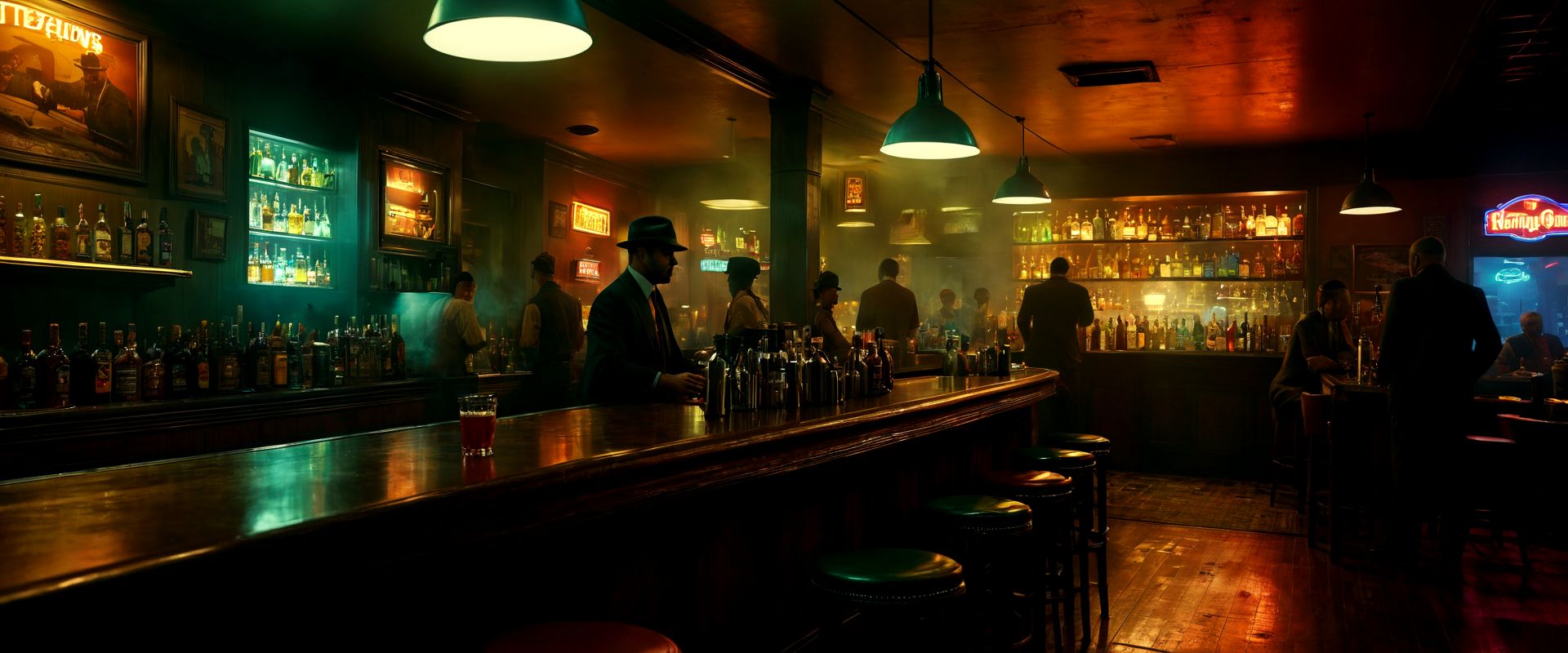 neo-noir, crowded bar, multi-color drinks, smoke, sharp definition, edward hooper, nighthawks, Every element is rendered in extreme quality, aiming for an ultra-HD 8K resolution level of detail. The cinematic and hyperrealistic style makes it feel like a freeze-frame from a high-budget dark fantasy film. The use of film grain adds a texture that gives the scene a gritty, realistic feel