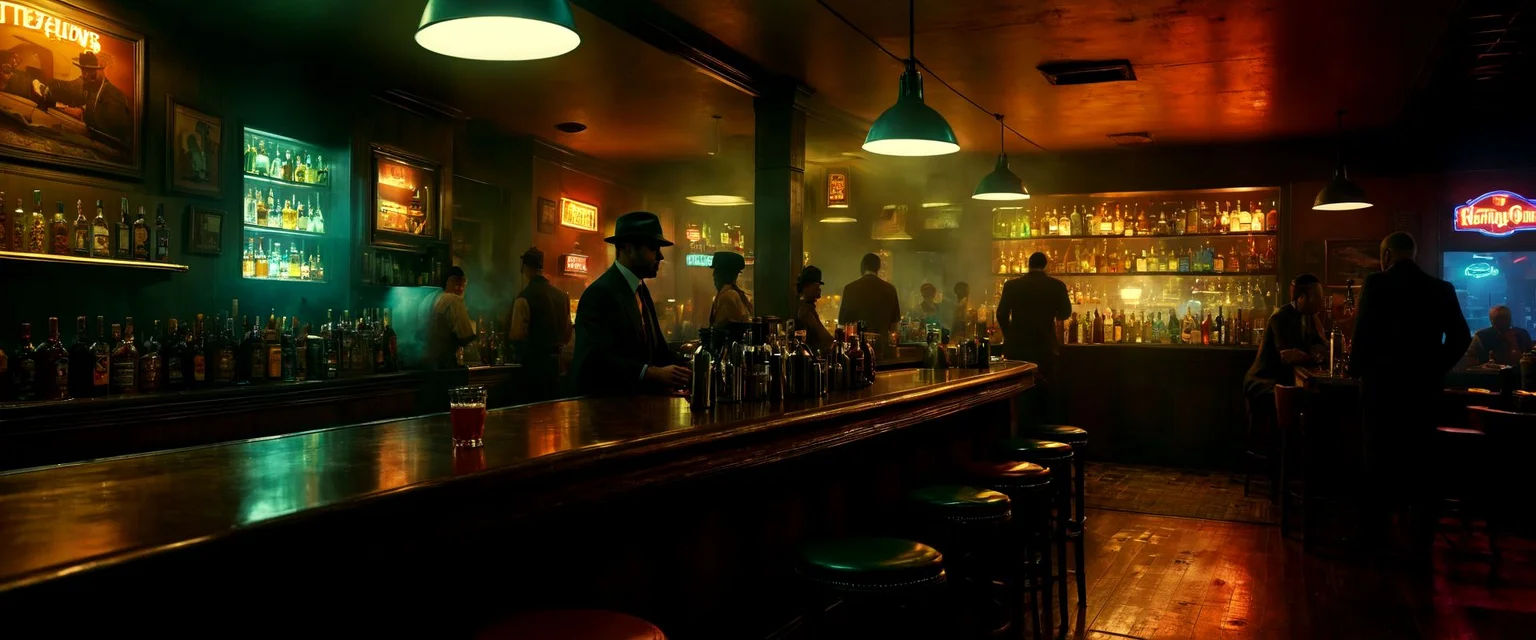 neo-noir, crowded bar, multi-color drinks, smoke, sharp definition, edward hooper, nighthawks, Every element is rendered in extreme quality, aiming for an ultra-HD 8K resolution level of detail. The cinematic and hyperrealistic style makes it feel like a freeze-frame from a high-budget dark fantasy film. The use of film grain adds a texture that gives the scene a gritty, realistic feel