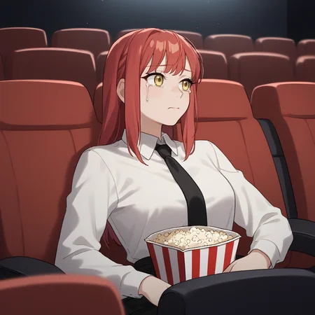 score_9, score_8_up, score_7_up, score_6_up, score_5_up, score_4_up, zPDXL2,rating_questionable, side profile, makima CSM, neutral expression, tears, white shirt, black tie, <lora:Movie_Theater:0.8> movi3theater, sitting, popcorn, red seats, dark room