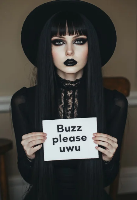 FictionalCrystal, a goth girl with heavy black eye makeup and black lipstick. Holding a sign that reads "Buzz please uwu"