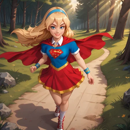 score_9, score_8, BREAK, solo, Supergirl_(DC_Super_Hero_Girls), 1girl, blonde hair, long hair, blue headband, blue eyes, makeup, pink lipstick, blue shirt, short sleeves, collared shirt, red cape, red skirt, bracelet, necklace, red shoes, white socks, self portrait, smile, looking at viewer, outdoors, sunlight, shadows, evening lighting, natural lighting, forest, trees, grass, orange sky, sunset