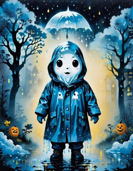 an adorable lost ghost standing in the rain wearing a raincoat <lora:SDXLStencilStyleFAE:0.8> stencil style, high quality,