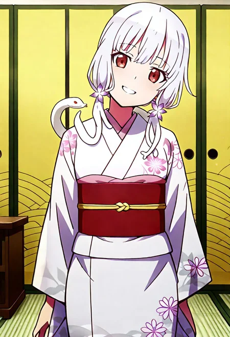 Smooth Quality - Illustrious, sfw,
anime, illustration, nadeko, red eyes,medium hair,white hair,snake hair,albino,
<lora:NSFWFilter_illusXL_Incrs_v1:-1>
<lora:Snake_on_Shoulders:0.8> sn4k3, snake on shoulders, large snake, white snake,
1girl, solo, standing, cowboy shot, alluring pose,
japanese clothes, white kimono, furisode, floral print,
looking at viewer, head tilt, beautiful smile, grin,
golden folding screen, zabuton, tatami,