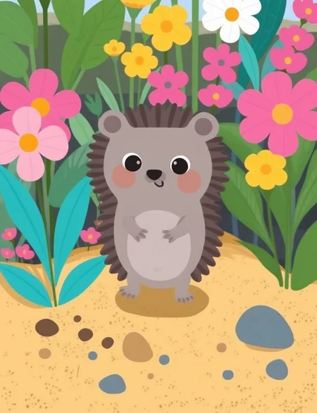 The image is an illustration of a small animal, possibly a hedgehog, standing on its hind legs in a garden. The hedgehog is grey in color and has a round face with big, round eyes and a small nose. It is standing on a sandy ground with small rocks and pebbles scattered around. The background is filled with various plants and flowers, including pink and yellow flowers and green leaves. The overall style of the illustration is cartoon-like and playful.
high quality, best aethestic, best composition