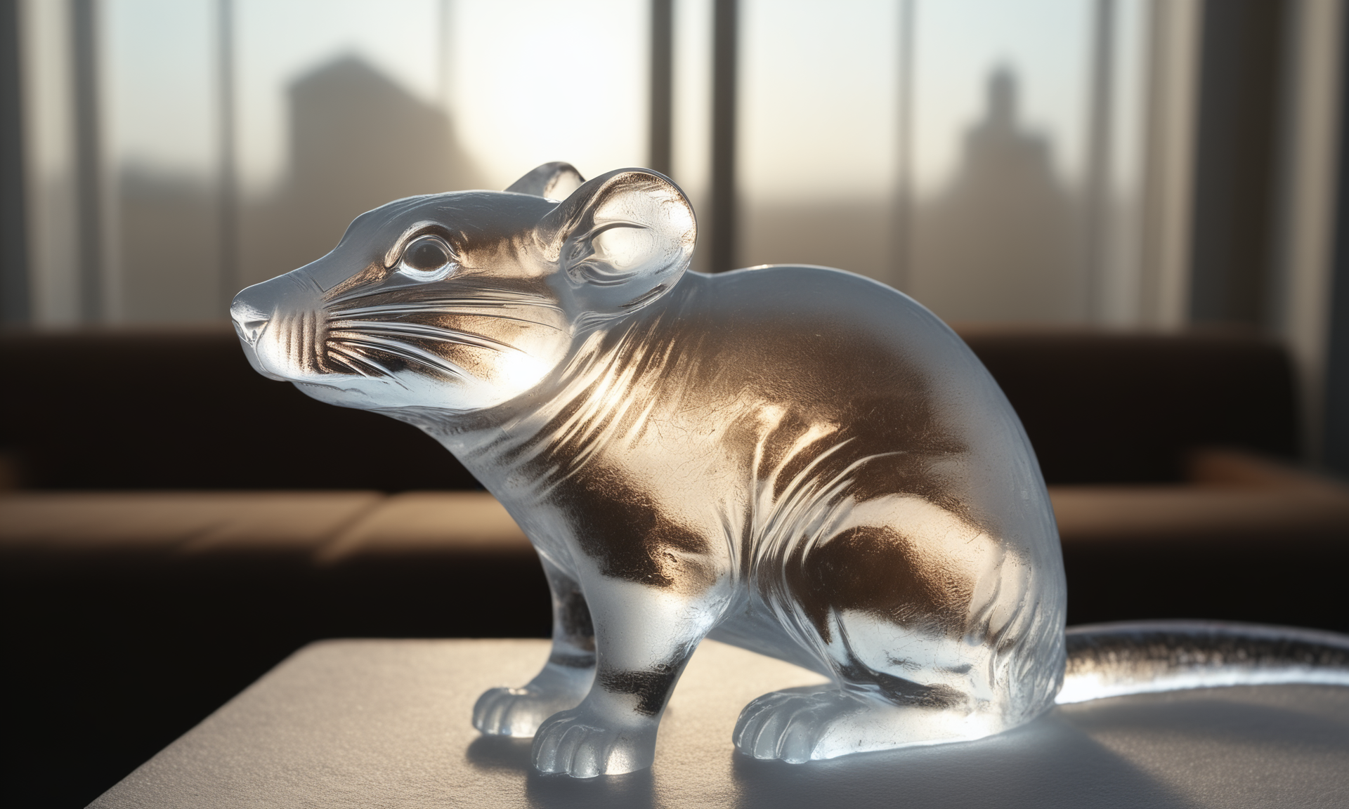 <lora:icecarvingcd_xl-000013:0.8>,close-up,a rat sculpture made of (icecarvingcd_xl,transparent:1.2,see-through:1.2,air bubble,cracked:1.3,broken:1.3,melting ice:1.3) on table,chilled,indoors,living room,simple background,no humans,fine art,detailed,hi-res photo, emotional,harmonious,high budget,moody,epic,gorgeous,perfect lighting,realistic,photorealistic,photographic,photo (medium),real,moody lighting,volumetric lighting,reality ray tracing,8K,HDR,UHD,masterpiece,best quality,highly detailed,high resolution,finely detail,extremely detailed,ultra detailed,wallpaper