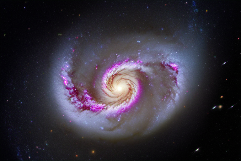 distant four arm spiral galaxy swirling in a star filled sky. the galaxy has an irregular shape and many vivid colors. (8k, high resolution, extreme detail), color gradation, exquisite details, sharp focus, intricate details, taken with a CANON EOS R6 camera, 18mm lens