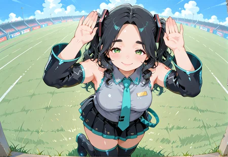 IllusP0s, PonyScores7, source_anime, ah1, IllustriousQual, interesting, exciting, spectacular, wonderful, 
BREAK <lora:xl_more_art-full_v1:0.2>, <lora:aesthetic_anime_v1s:0.2>, <lora:EpicF4nta5yXL:0.2>, <lora:detailxl:0.2>, detailxl, <lora:Fant5yP0ny:0.2>, amazing quality, best aesthetic, absurdres, illustration, Volumetric_Lighting, ultra-detailed, very aesthetic, intricate details, best_quality
BREAK ((A woman standing with one leg slightly bent, her hip jutting out to the side, arms raised above her head)),
BREAK Stable_Yogis_PDXL_Positives, AS-Adult, <lora:Complicated fantasy portrait - XL Pony V2.0:0.2>, bad-hands-5, <lora:HDA_Detailer:0.3>, <lora:natsumi_style:0.5>, <lora:by_usakun-pony:0.4>, by usakun, <lora:Akina_Bbw_Style_-_PonyXL:0.2>, AkinBw, ((knees out of frame)),
BREAK 1girl, mature female, (curvy), round-chin, caucasian, <lora:ETO_OC_Illustrius:0.5>, eto_oc, skindentation, (plump), thick thighs, wide hips, busty, voluptuous, <lora:venus body PonyXL:0.3>, <lora:shinyskin2:0.2>, glistening skin, HDA_FatGirlXL, 
BREAK ((<lora:hatsune-miku-cosplay-ponyxl-lora-nochekaiser:0.8>, hatsunemikucosplay, hatsune miku \(cosplay\), aqua necktie, black footwear, black skirt, black sleeves, boots, collared shirt, detached sleeves, grey shirt, necktie, pleated skirt, shirt, skirt, sleeveless, sleeveless shirt, thigh boots, tie clip)),
BREAK (curly hair), long hair, (black hair:1.4), (parted hair:1.7), messy hair, kinky curls, <lora:hairdetailpxl:0.2>, hairdetailpxl,
BREAK (half green and brown eyes), (colorful eyes), (multicolored eyes), (downturned eyes:1.4), <lora:expressive eyes:0.2>, expressive eyes, <lora:eyedetailpxl:0.2>, eyedetailpxl, <lora:Eyes_High_Definition:0.2>, EyesHD, (round face:1.2), (thick eyebrows:1.3), (plump face), <lora:Round_face:0.2>, lips, 
BREAK ((squinting eyes smile expression)), <lora:Expressive_H:0.2>, Expressiveh, <lora:Emotional_Anime_Expressions_PonyXL_Concept:0.2>, emotional, <lora:Best_Facial_Expression_LoRA_PONY:0.2>, looking at viewer, <lora:Detailed expressive EXEV style -XL Pony V1.0:0.2>, FaceDetail,
BREAK (((Pirates find themselves embroiled in a deadly treasure hunt racing against rival crews and mythical guardians))), <lora:Background Detailer - SDXL:0.8>, 4k, 8k, Ultra HD, Masterpiece, Best quality, Detailed background, <lora:Add_more_details_V2_XLpony:0.4> full_details,
