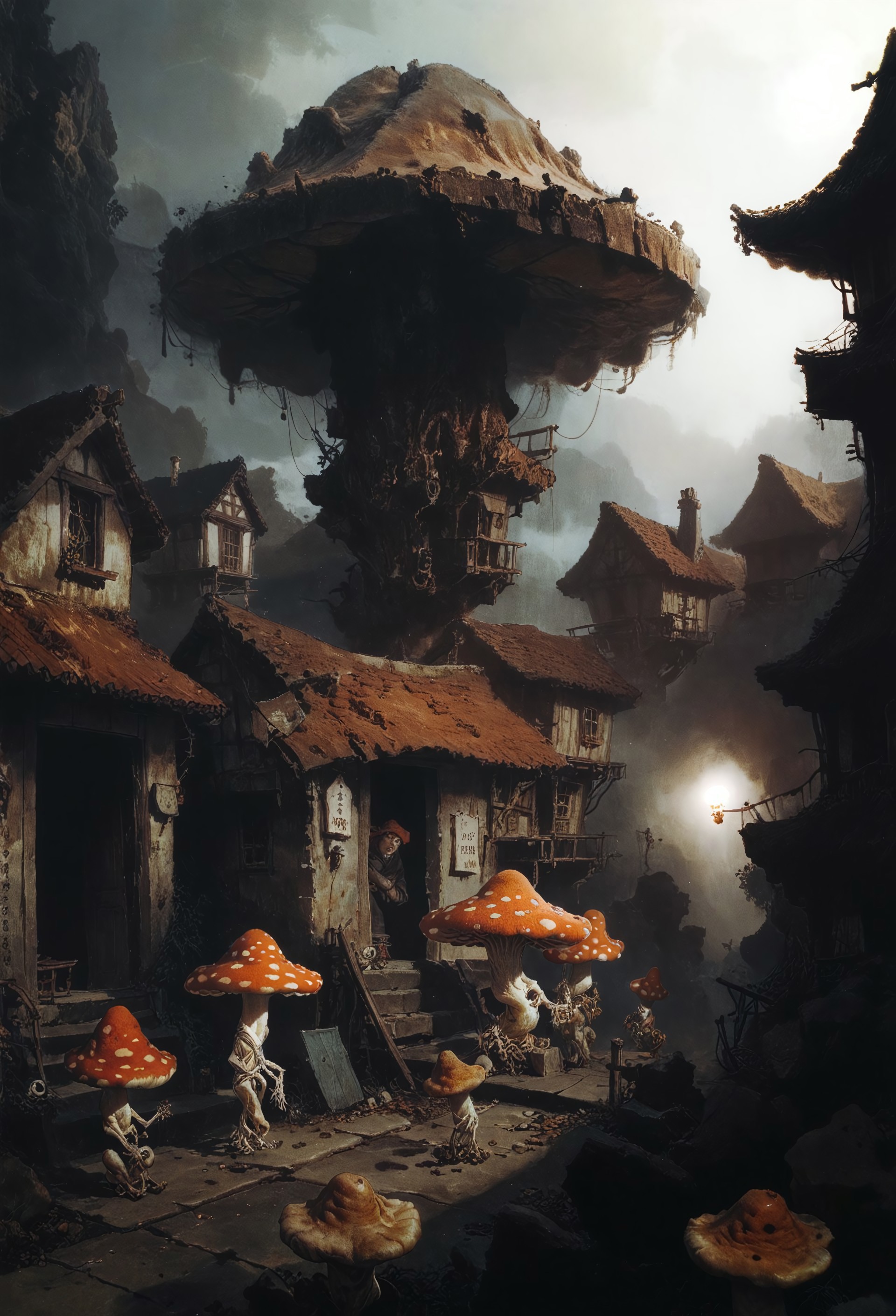 score_9, score_8_up, score_7_up, BREAK, A (giant mushroom monster)++ laughs as a village of elves is destroyed by a nearby cheese volcano, gongbi, great lighting