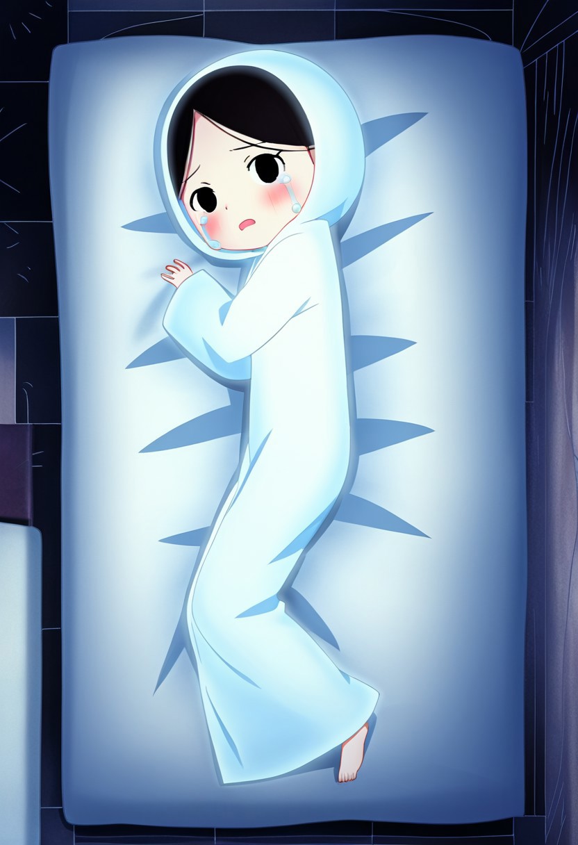 zPDXL3, source_cartoon, Perfect Hands, full body,
1girl, solo, aged down, bedroom, looking at viewer, saoirse, black hair, black eyes, blush, ghost, hood up, robe, barefoot, glowing, lying on bed, from above, lying on side, facing at viewer, feeling cold, eyes open, crying sadly, fear, open mouth, sleeve past wrist, slim body, long body, highlight cloth wrinkle, anime style,
<lora:Perfect Hands:1>  <lora:Saoirse_-_The_Song_of_the_Sea-000009:1>