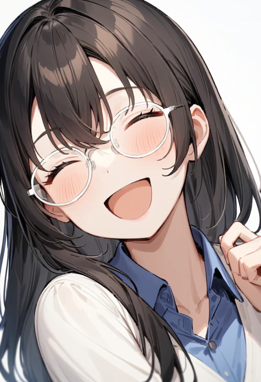 masterpiece, best quality, very aesthetic, absurdres,
1girl, solo, black hair, long hair,
g-boston19A,  glasses, white-framed eyewear,
collared shirt, happy, smile, looking at another, closed eyes, open mouth, white background, simple background,
<lora:glasses_boston_19A_SDXL_V1:1>