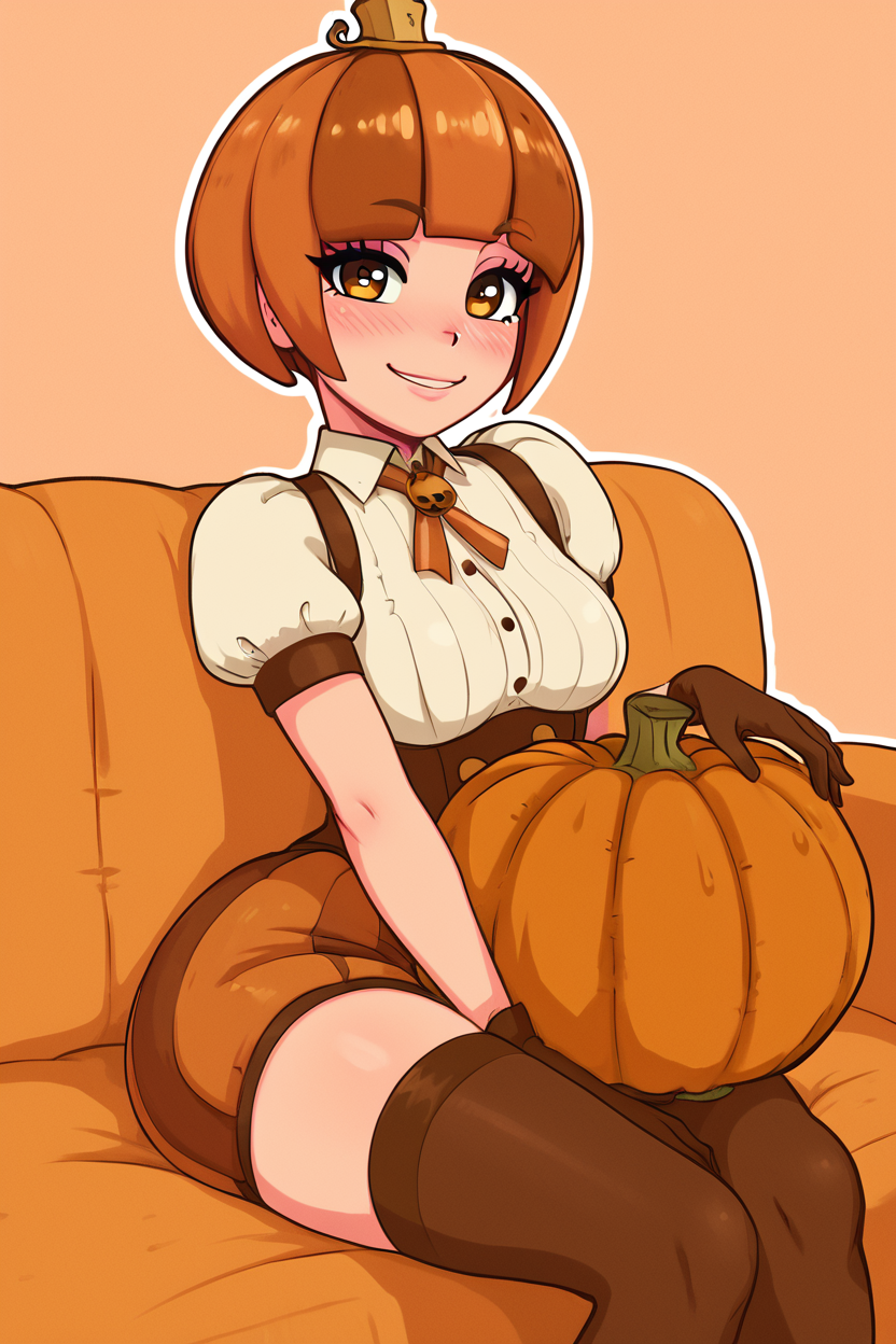 score_9, score_8_up, score_8, medium breasts, (curvy), cute, eyelashes,      ,,, zPmpknGrl, brown eyes, short hair, brown hair, blunt bangs,  gloves, thighhighs, short sleeves, jack-o'-lantern, pumpkin, shirt, sitting, white shirt, <lora:PumpkinGirl_Masashi_PDXL:0.8>,   ,,, hand between legs, blush, smug,  ,,,  smile, looking at viewer, blush, blurry, couch, sitting,   ,,, <lora:Afrobull_PDXL_v5:0.8>, ,  ,,, BREAK,   smile, looking at viewer, cowboy shot,   embedding:zPDXL, Expressiveh, <lora:SDXLFaeTastic2400:0.5>,  <lora:Expressive_H-000001:0.4>,