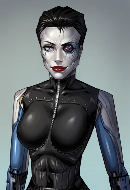 score_9, score_8_up, score_7_up, score_6_up, score_5_up, score_4_up, 1girl, <lora:AnnaNavarre:0.9> , colored skin, white skin, solo, large breasts, cyborg, short hair, black hair, robot joints, mechanical parts, mechanical arms, red lips, makeup, robot eye, upper body, looking at viewer, smirk,
(light blue background), simple background,