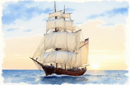 Sharp image of a rough sketch, rendered in vibrant multi colour ballpoint pen, capturing the adorable features of a portait of a tall ship sailing on the ocean. The ship is a replica of a traditional sailing ship, with multiple masts and sails billowing in the wind. The sails are white and appear to be made of fabric, and the ship is sailing on a calm body of water. The sky is cloudy and the sun is setting, casting a warm glow over the scene. The American flag is visible on the mast, and there are a few people on board the ship. The overall mood of the image is peaceful and serene. p3nsk, <lora:p3nsk:1>