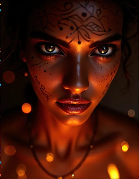 . A close-up shot of a womanâs face highlighted by intricate henna patterns, with firelight flickering on her skin, adding a raw and primal atmosphere., <lora:bv-close-up-enhancer.safetensors:1.0:1.0>