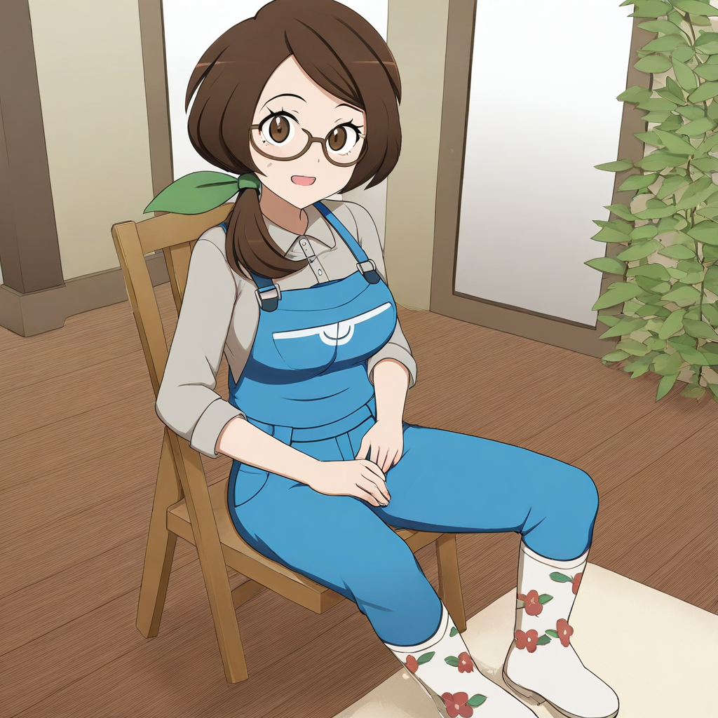 2d, masterpiece, best quality, amazing quality, highres, absurdres, newest, 1girl, solo, sitting, on chair, wooden chair, from above, dutch angle, looking at viewer, medium breasts, mature female, galarmom, brown eyes, brown hair, long hair, low ponytail, hair ribbon, green ribbon, glasses, brown-framed eyewear, collared shirt, grey shirt, three-quarter sleeves, sleeves rolled up, blue overalls, blue pants, boots, camellia print, white footwear