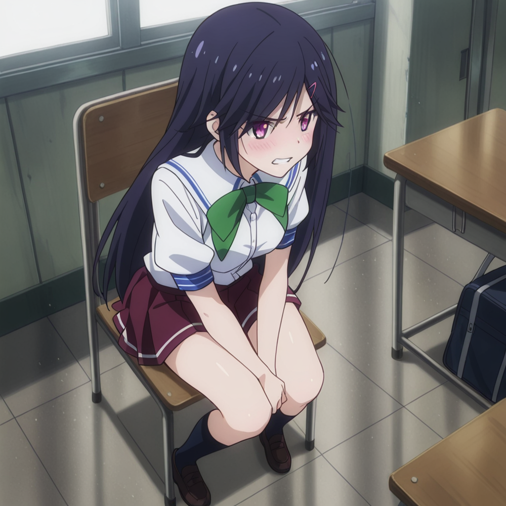 nsfw, masterpiece, best quality, 1girl, solo, magical_warfare_mui_aiba, full body, sitting, on chair, long hair, blush, hair ornament, hairclip, purple eyes, black hair, school uniform, teeth, clenched teeth, school, class, classmate, <lora:Mui_Aiba_-_Magical_Warfare:0.7>