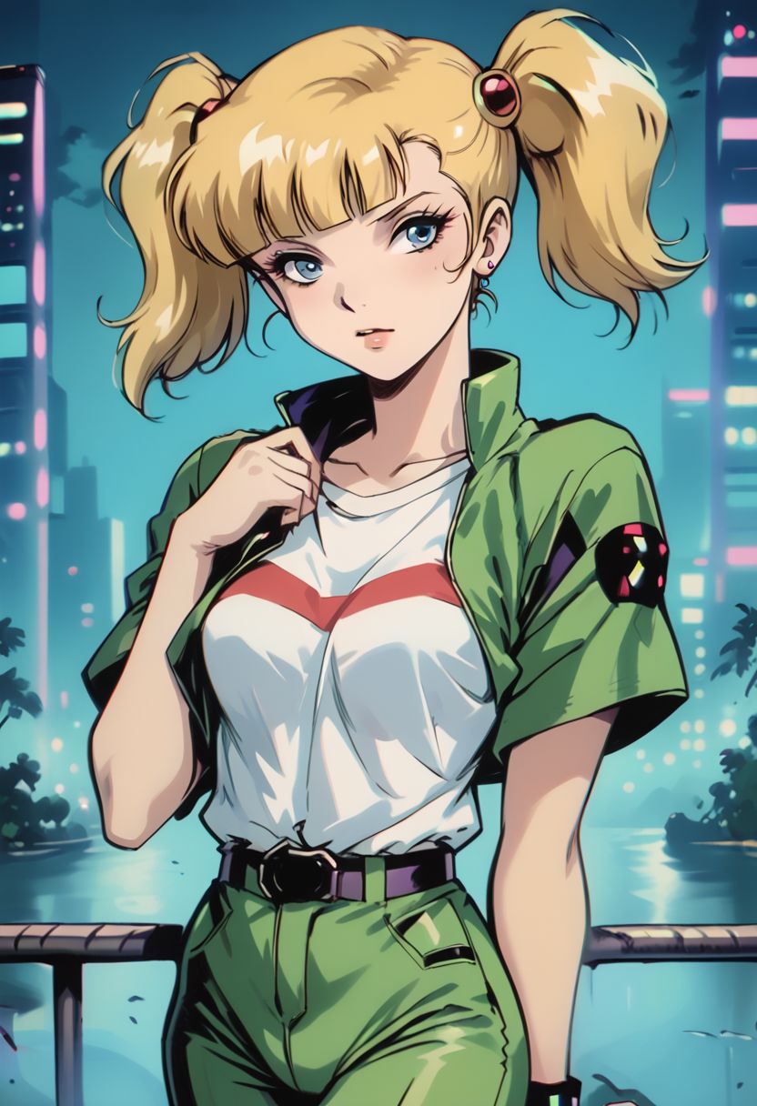 score_9, score_8_up, score_7_up, score_6_up, score_5_up, score_4_up, source_manga, rating_questionable, 1girl, penny \(inspector gadget\), human, cyberpunk, punk, breasts, undercut, blonde hair, pigtails, blue eyes,
shirt, stripe, green pants, cowboy shot, night, neon, vaporwave, retro artstyle, tv still, halftone effect, knva,1990s \(style\), Vintage,
