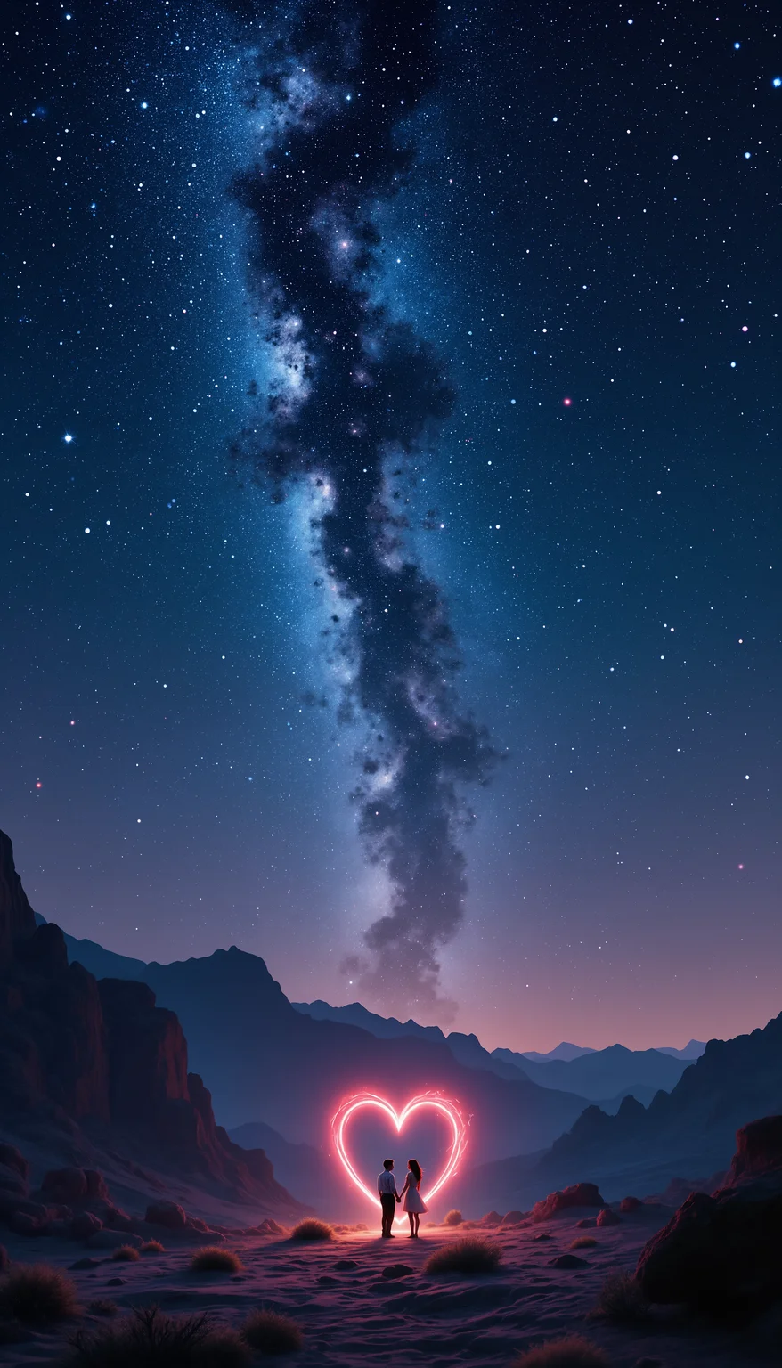 blissful valentine, A magical desert landscape under a sky full of stars, where two silhouettes stand by a glowing heart-shaped oasis, their hands intertwined as the Milky Way stretches above them.