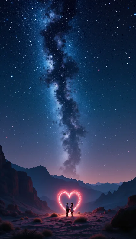 blissful valentine, A magical desert landscape under a sky full of stars, where two silhouettes stand by a glowing heart-shaped oasis, their hands intertwined as the Milky Way stretches above them.