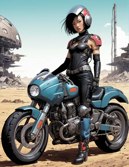 <lora:Akira_Toriyama_vehicle:1> 1girl, cyberpunk motorcycle, shoulder-length bob, cyberpunk bodysuit, helmet, beautiful, sexy, cute, manga, hand drawing, full colour, wasteland background, <lora:add-detail-xl:1.2>, super detailed, complex, akira toriyama style, vehicle design