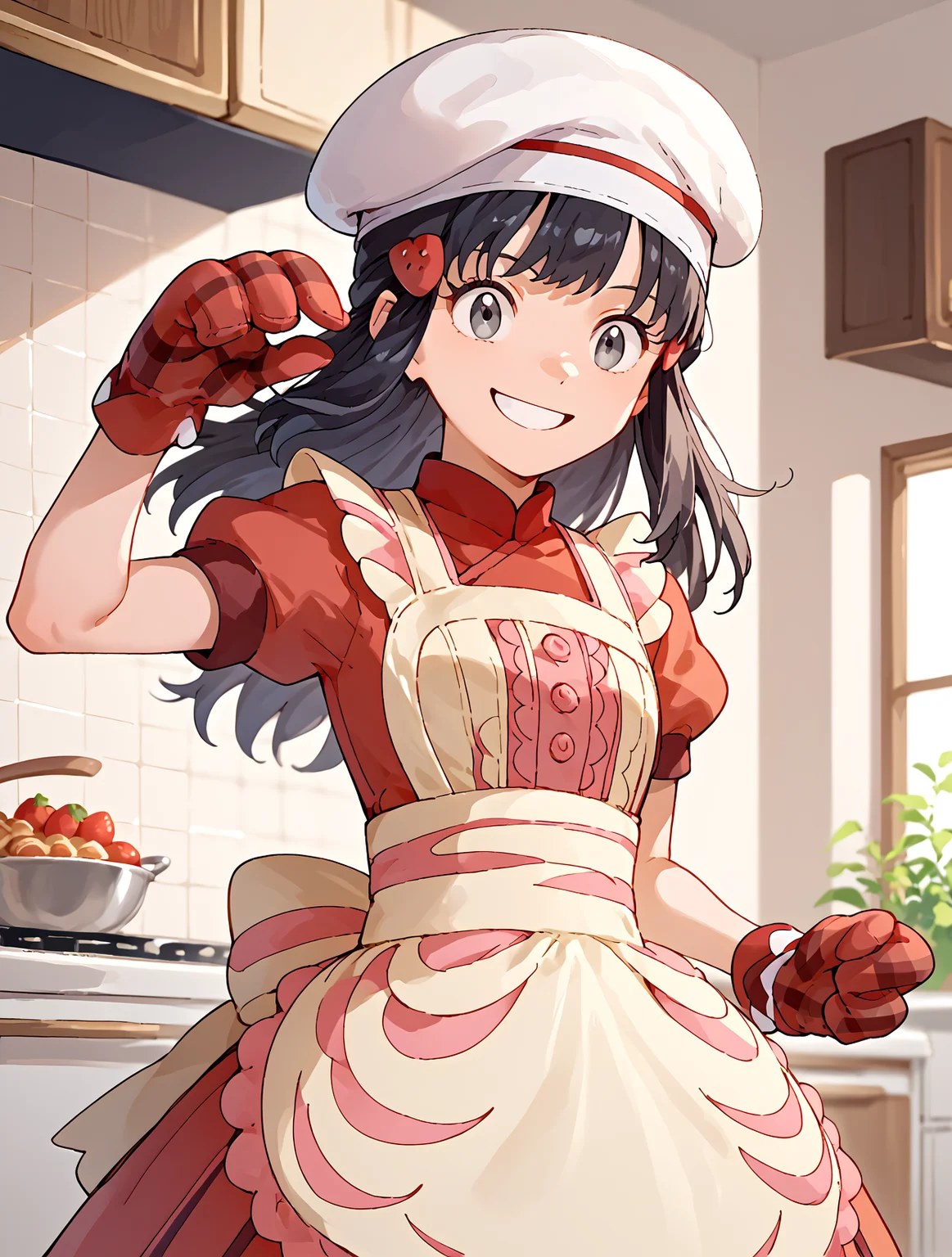 Dancing in a cha-cha-cha pose, Close Up, solo, 1girl, smile, Kitchen, <lora:DawnPony:1> Dawn_Valentin, medium hair, black hair, grey eyes, hair ornament, chef hat, white apron, buttons, red dress, short sleeves, red mittens, red footwear,, score_9, score_8_up, score_7_up,