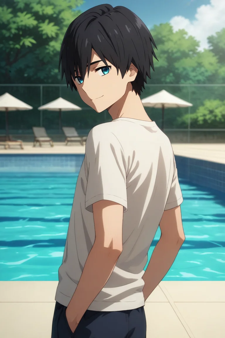 score_9, score_8_up, score_7_up, source_anime, rating_safe, , semi-realistic, looking at viewer, , 1boy, solo, male focus, <lora:hiro_franxx_pony:0.78>, hiro_franxx, black hair, blue eyes, bangs, , focused, pool, day, sunny, looking back, half-closed eyes, smile, , <lora:sdxl_lightning_8step_lora:1>