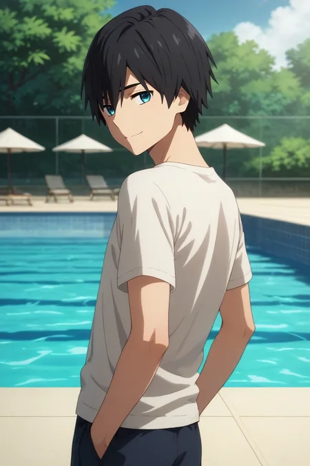 score_9, score_8_up, score_7_up, source_anime, rating_safe, , semi-realistic, looking at viewer, , 1boy, solo, male focus, <lora:hiro_franxx_pony:0.78>, hiro_franxx, black hair, blue eyes, bangs, , focused, pool, day, sunny, looking back, half-closed eyes, smile, , <lora:sdxl_lightning_8step_lora:1>