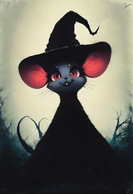score_9, score_8_up, score_8, solo, (fluffy:0.8), (feral), furry, (((mouse))), female, claws, (fluffy cheeks:0.7), (black dress), grey fur, black ears, red eyes, look at viewer, (solo:2), j_cartoon, low angle view, aesthetic, dramatic angle, unique perspective, unique angle, night, dark, forest, (witch hat), staff, (cruel expression), mad-stncl
