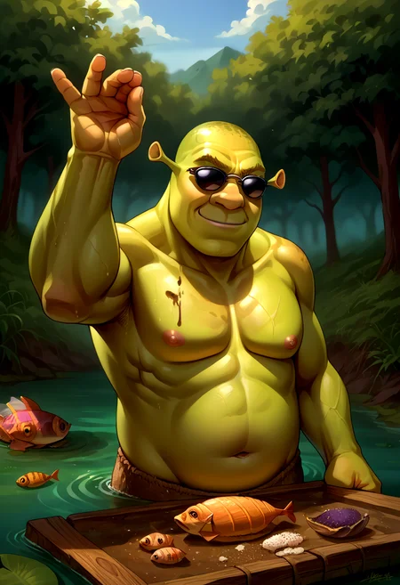 score_9, score_8_up, source_anime, saltbaememe, salt, sunglasses, <lora:SaltBaeMeme_XLPD_CAME:1>, flesh, <lora:Shrek_XLPD:1>, shrek, green skin, topless, muscular, smirk, wetland, swamp, dirt, food, fish,