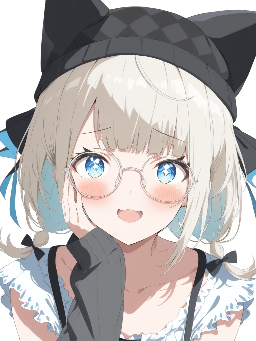 1girl, itoitoi_q, virtual youtuber, solo, blue_eyes, blonde_hair, braid, twin_braids, medium hair, round_eyewear, glasses, hat, black_headwear, animal_hat, cat_hat, fake_animal_ears, animal_ears, looking_at_viewer, smile, open_mouth, +_+, blush, hands_on_own_face, hands_on_own_cheeks, shirt, short_sleeves, puffy_sleeves, puffy_short_sleeves, frilled_sleeves, frills, bow, black_bow, hair_bow, sleeves_past_wrists, collarbone, upper_body, white_background, simple_background, anime coloring, depth of field, masterpiece, high score, great score, absurdsres, cute, detailed
<lora:itoitoi_Q-a4Zero-v1-2:1>