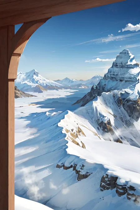 landscape painting, mountainous horizon, distant snowy peaks, mountain Re-Entrant, plateau, fantastical floating islands, (flowery foreground:1.1), (springtime foreground:1.1), blurry foreground, distant lake, trees, nature, clear blue sky, cloud trails, Cirrus clouds, 64K, f1.2, 800mm, UHD, dynamic lighting