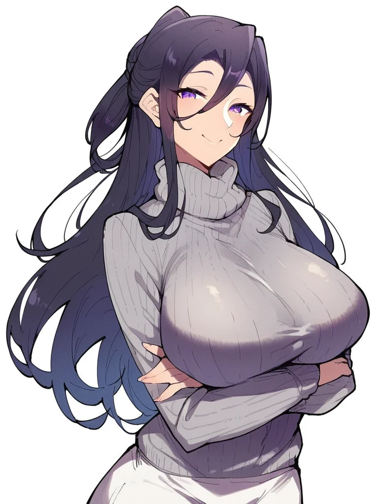score_9, score_8_up, score_7_up,
1girl, kanbara chisa, black hair, long hair, half updo, large breasts, purple eyes,
standing, smile, closed mouth, narrowed eyes, crossed arms, looking at viewer, grey sweater, turtleneck, long sleeves, white skirt, white background,