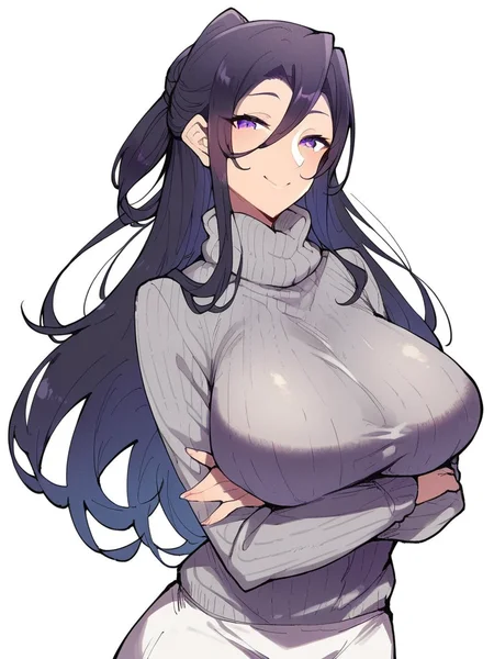 score_9, score_8_up, score_7_up,
1girl, kanbara chisa, black hair, long hair, half updo, large breasts, purple eyes,
standing, smile, closed mouth, narrowed eyes, crossed arms, looking at viewer, grey sweater, turtleneck, long sleeves, white skirt, white background,