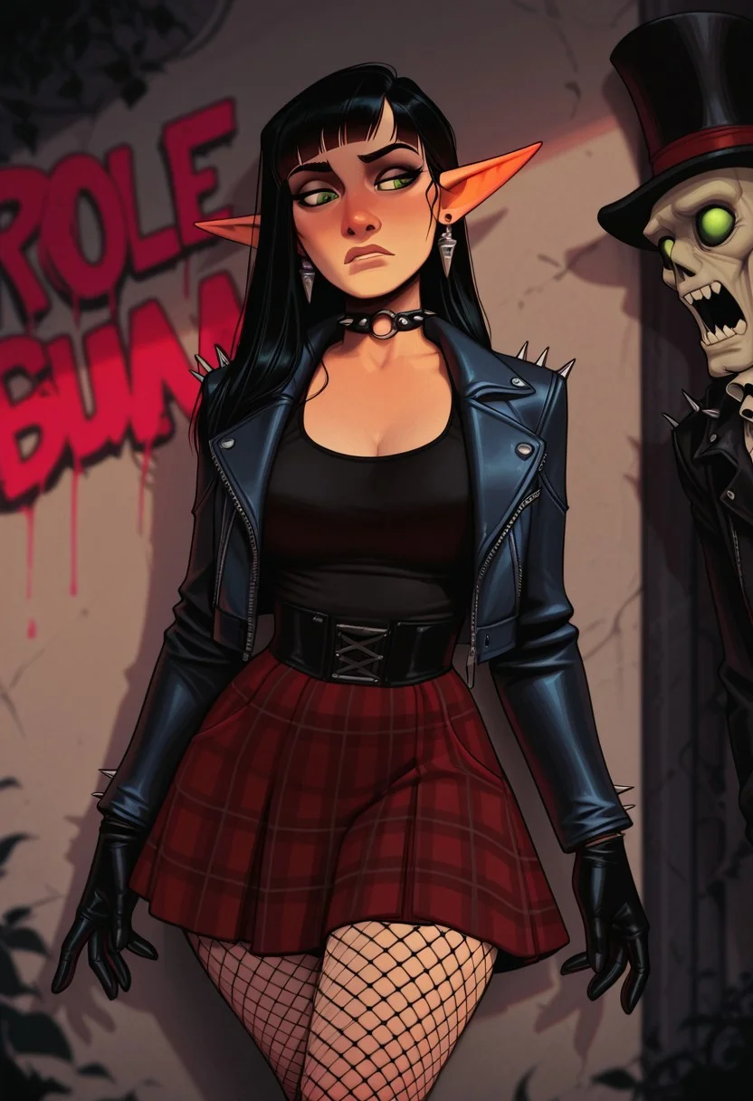 masterpiece, best quality, amazing quality, very aesthetic, DISNEY_ANIMATION, incoth, (incase:0.6), female, (depth of field),
elf, black with red, detailed green eyes, cute face, curvy, long hair swept to one side, fishnet legging, beautiful, kawaii, (short ears) with metal pieces earrings, plaid skirt, chains on her side pockets, leather black finger-less gloves
mesh black tanktop, leather spiked jacket, spike choker, a black dress and top hat, highest quality, very beautiful goth top model, arcane clothing, pale blue outfit, pintrest, seams, scarlet, intimidating appearance, modelsociety, dressed with fluent clothes
(Cleve Gray, Raoul Hausmann, Conrad Roset, Dave McKean, Edmund Dulac, graffiti gothic grimdark horror))