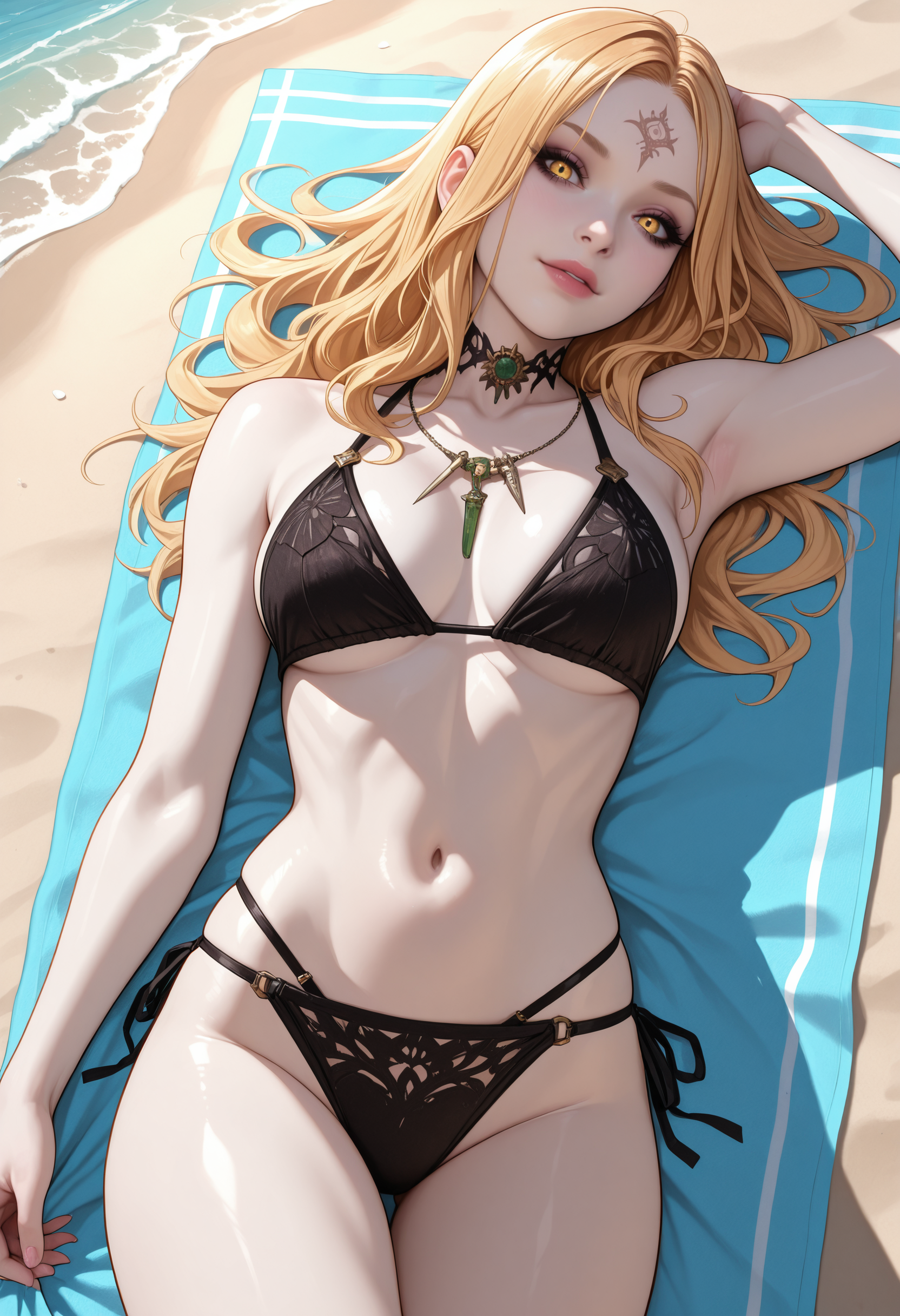 masterpiece, very aesthetic, best quality, absurdres, newest
<lora:ILREVDaniela:1.0>
REVDaniela, 1girl, blonde hair, long hair, pale skin, yellow eyes, forehead mark, looking at viewer, beach wear, at the beach, sun rays, lying on a towel, dynamic pose