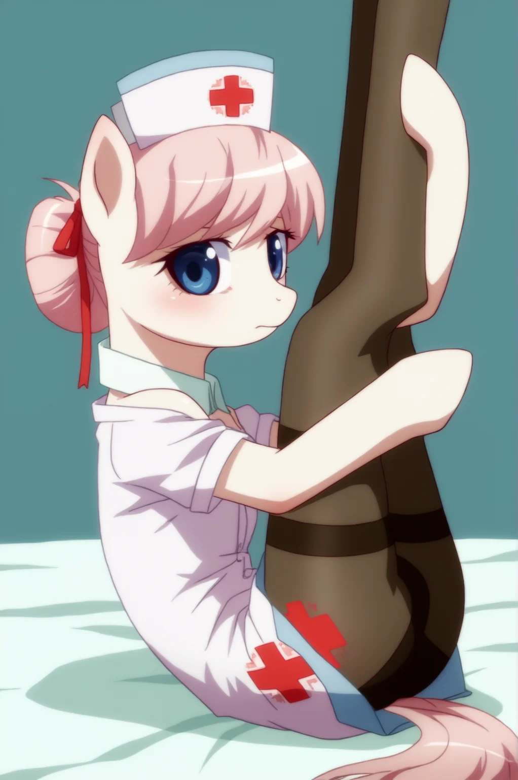 (source_pony, feral, Nurse Redheart:1.5), 1girl,solo,klaudiaryza1base,braid,medium breasts,sexually_suggestive,(three quarter view:1.5),from side,looking at viewer,blush,shy,(leg grab:1.3),see-through,ass,thighs,lying,on back,legs up,hairband,hair ribbon,klaudiadefshirt,klaudiadefskirt,white capelet,detached collar,choker,bare shoulders,elbow gloves,thighband pantyhose,brown pantyhose <lora:sdxl_lightning_4step_lora.safetensors:1.0>,